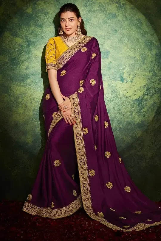 BEAUTIFUL INDIAN MODEL KAJAL AGGARWAL IN VIOLET SOUTH SILK SAREE 3